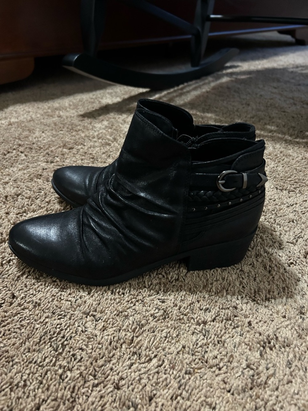 BareTraps Black Leather Ankle Booties with Buckle & Stud Detail